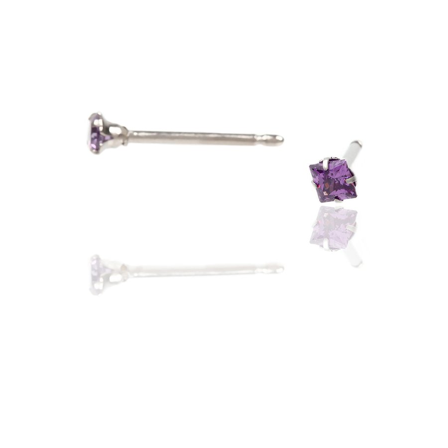 セカンドピアス スクエア アメジスト 3×3mm【コンビニ決済OK】 オススメ 純チタン 軸太 1.0mm ロングポスト 11mm プリンセスカット MEDICAL HANAJYUTSU